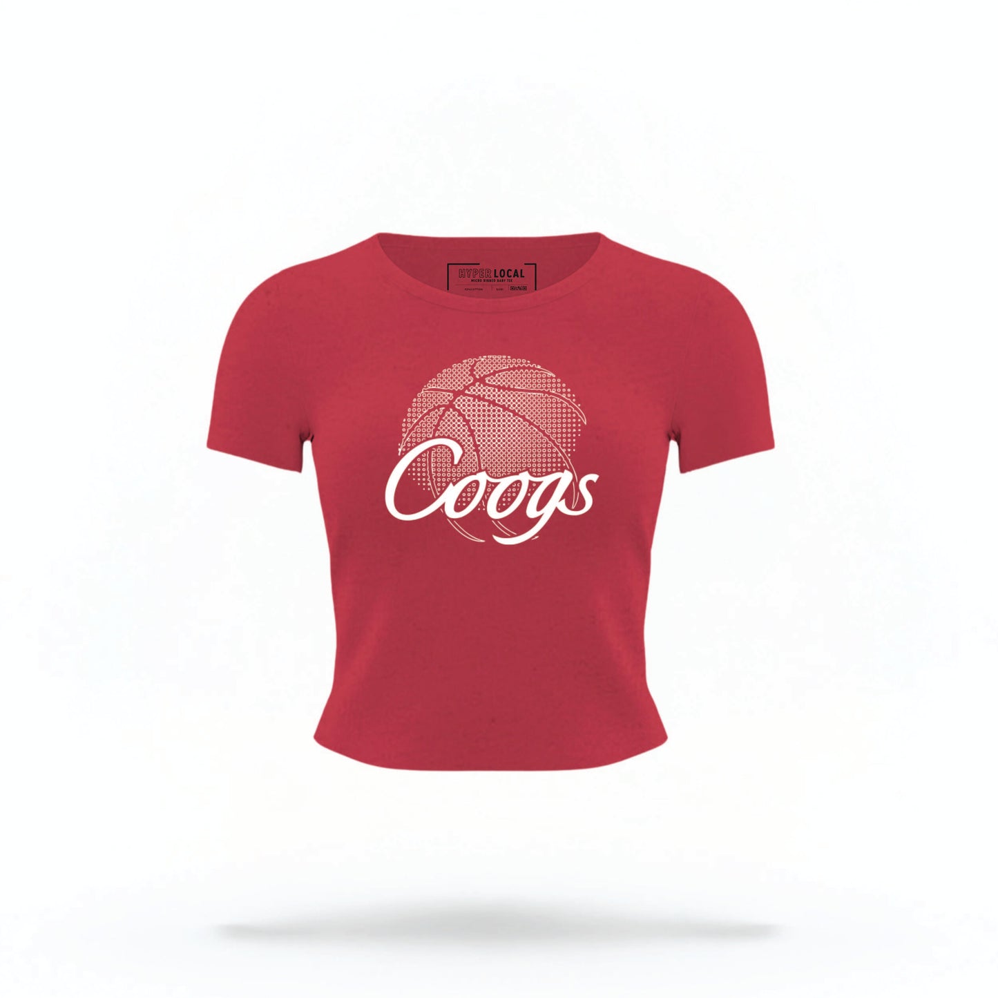 The red Houston Cougars Basketball Crop Top lays flat on a white background. The ﻿Houston Cougars Basketball graphic is in bold white in a scripted font style.