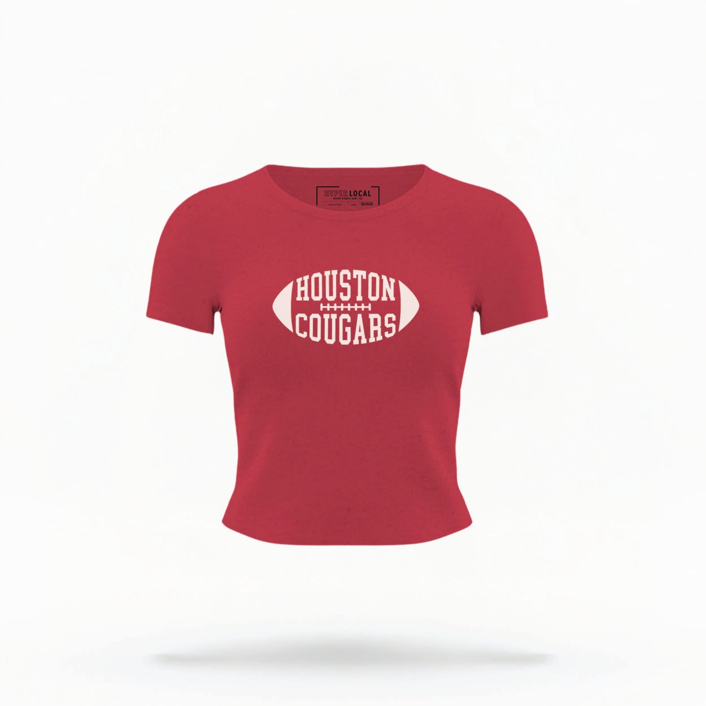 The Red Houston Cougars Football Crop Top lays flat on a white background. The Houston Cougars Football graphic is in bold white in a Football Shaped style.