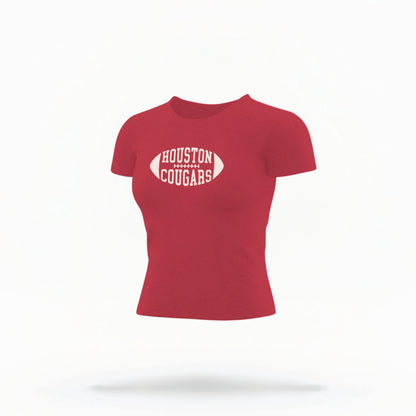 The Red Houston Cougars Football Crop Top lays flat on a white background. The Houston Cougars Football graphic is in bold white in a Football Shaped style.