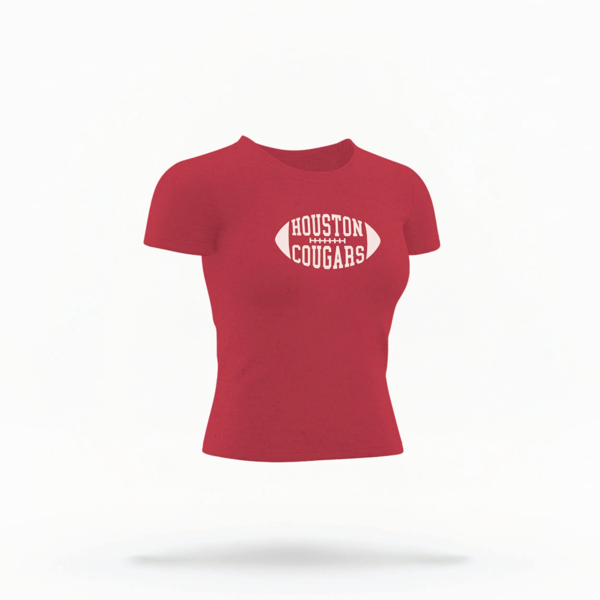 The Red Houston Cougars Football Crop Top lays flat on a white background. The Houston Cougars Football graphic is in bold white in a Football Shaped style.