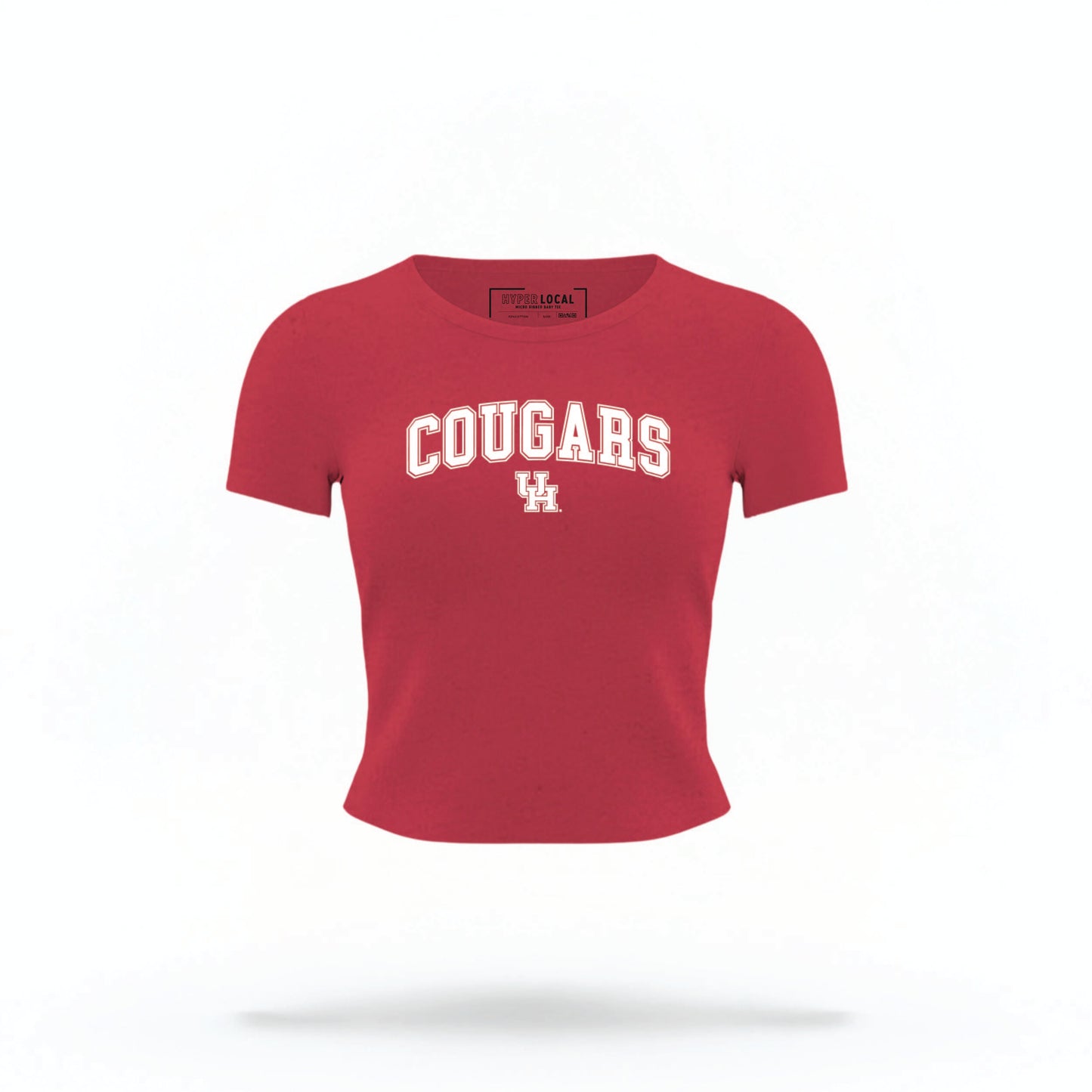 The red Houston Cougars Varsity Crop Top lays flat on a white background. The ﻿Houston Cougars Varsity﻿ graphic is in bold white in a Collegiate style.