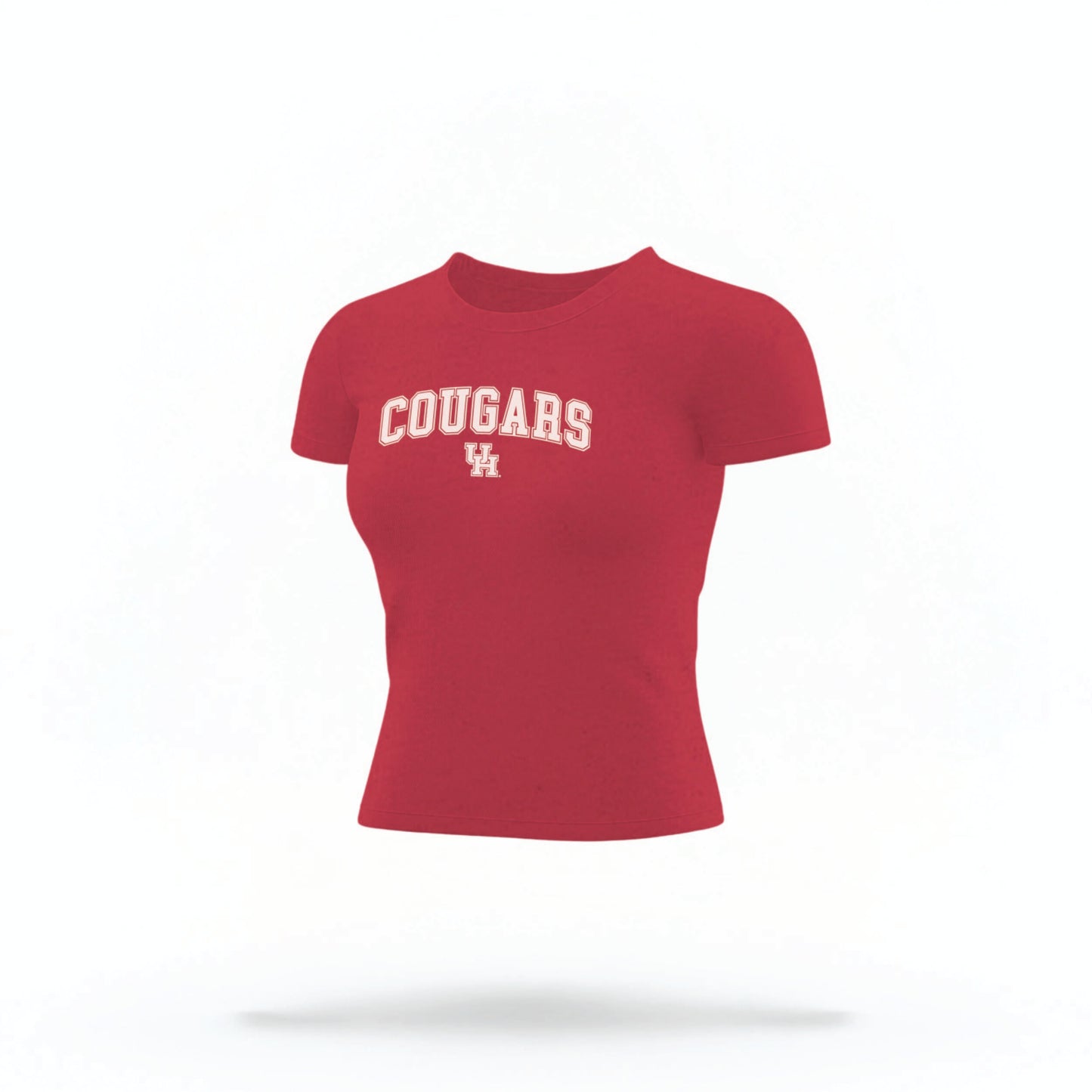 The red Houston Cougars Varsity Crop Top lays flat on a white background. The ﻿Houston Cougars Varsity﻿ graphic is in bold white in a Collegiate style.