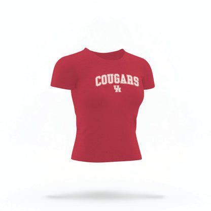 The red Houston Cougars Varsity Crop Top lays flat on a white background. The ﻿Houston Cougars Varsity﻿ graphic is in bold white in a Collegiate style.