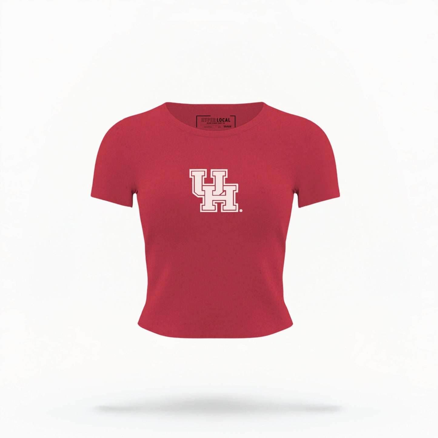 The Red Houston Cougars Logo Crop Top lays flat on a white background. The ﻿Houston Cougars Logo﻿ graphic is in bold white in a Collegiate style.