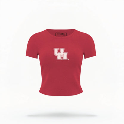 The Red Houston Cougars Logo Crop Top lays flat on a white background. The ﻿Houston Cougars Logo﻿ graphic is in bold white in a Collegiate style.