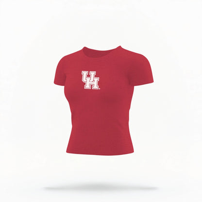 The Red Houston Cougars Logo Crop Top lays flat on a white background. The ﻿Houston Cougars Logo﻿ graphic is in bold white in a Collegiate style.