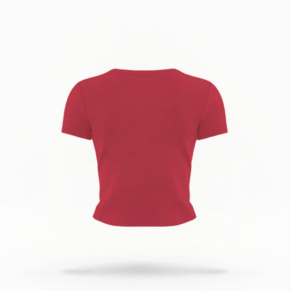 The Red  Womens Crop Top lays flat on a white background. 