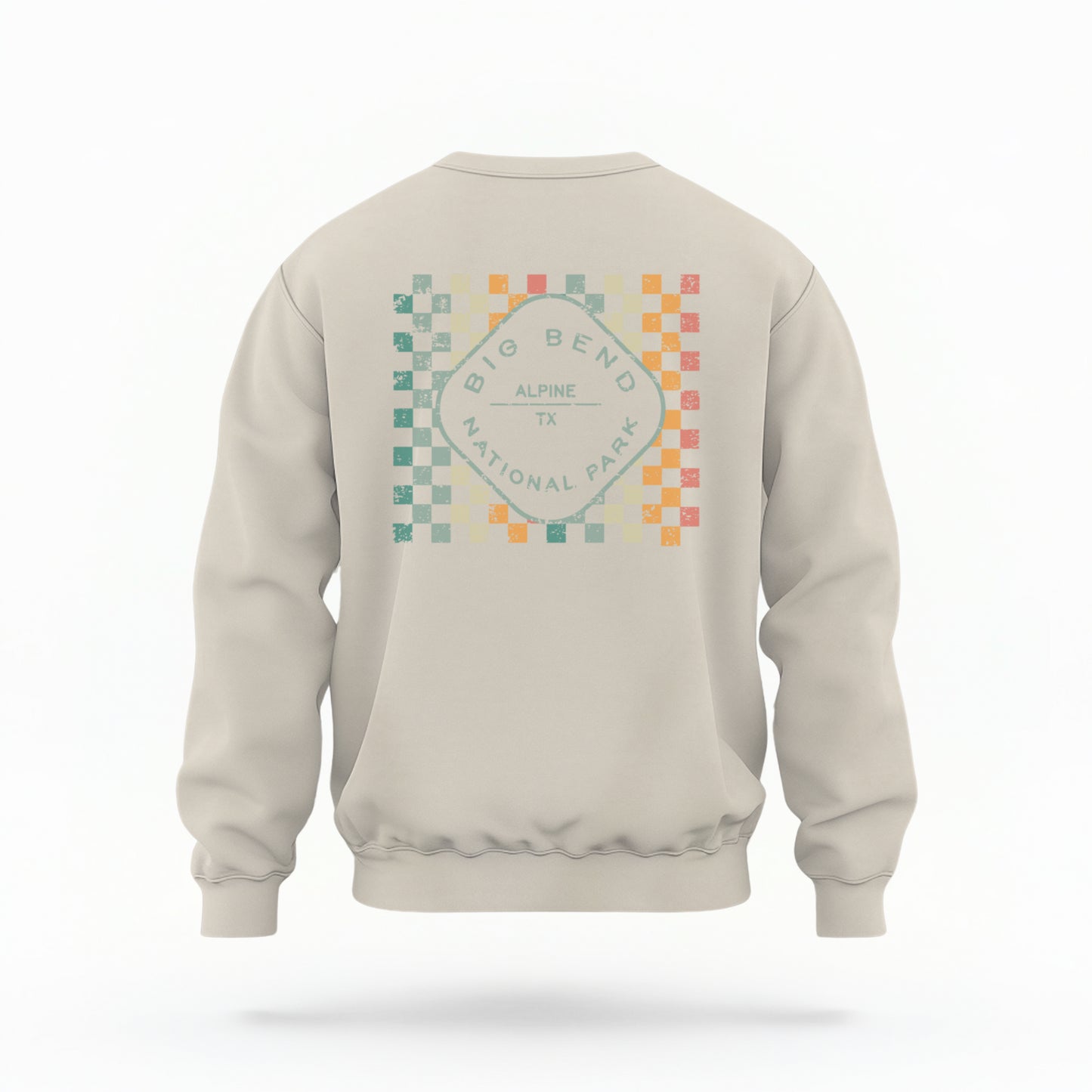 A model wears the Sand Big Bend Retro Typography Crewneck Sweatshirt.  The ﻿Big Bend Retro Typography﻿ graphic is in bold Multicolor in a Retro style.