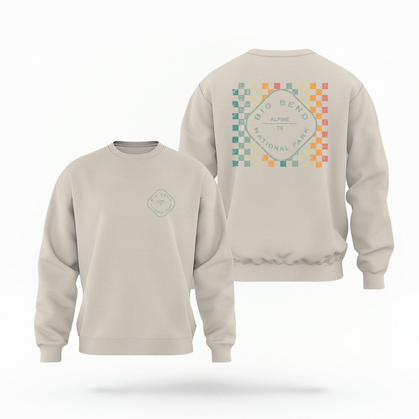 The Sand Big Bend Retro Typography Crewneck Sweatshirt lays flat on a white background. The ﻿Big Bend Retro Typography﻿ graphic is in bold Multicolor in a Retro style.