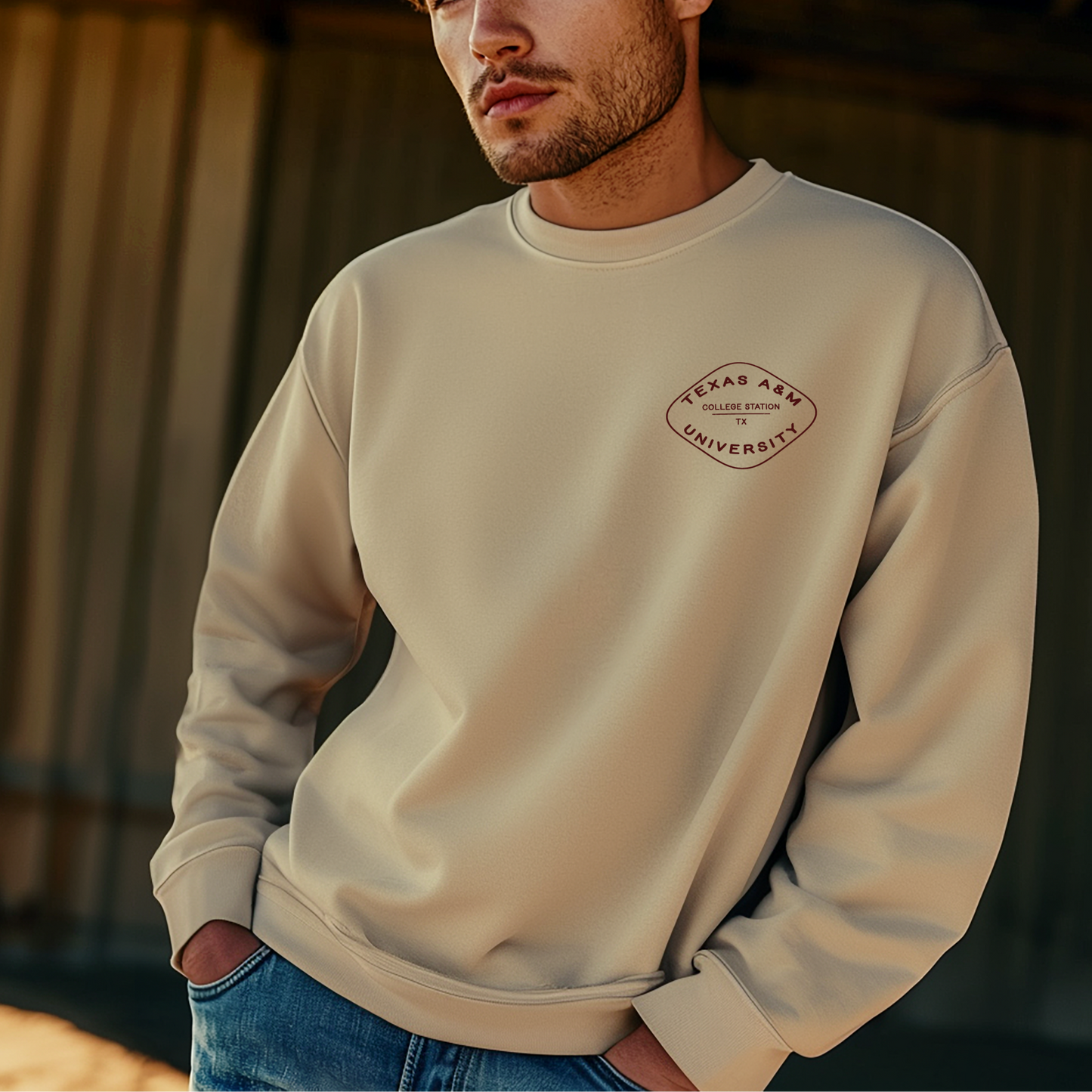 A model wears the sand Texas A&M Crewneck Sweatshirt. The graphic contains a retro checkered pattern. 