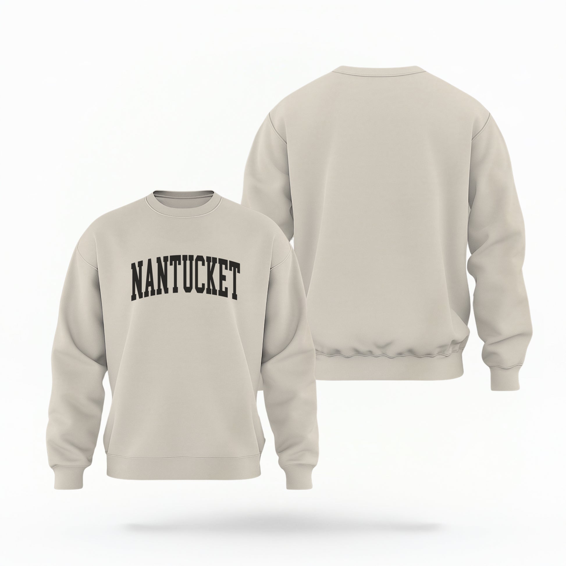 The Sand Unisex Nantucket Varsity Crewneck Sweatshirt lays flat on a white background. The Nantucket graphic is in bold black and varsity offset style.