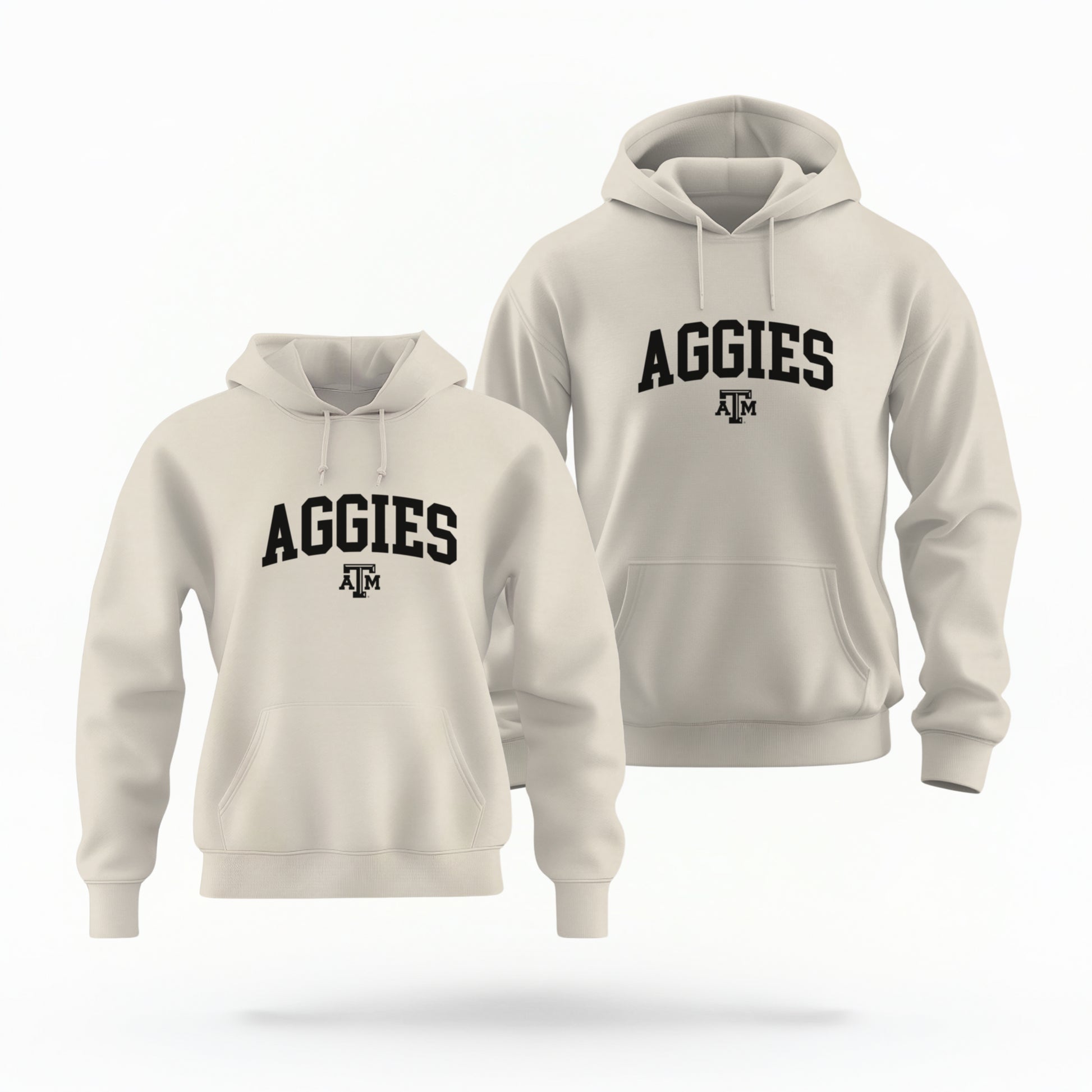 The Sand Adult Unisex Texas A&M Aggies Collegiate Hooded Sweatshirt lays flat on a white background. The ﻿Texas A&M Aggies Collegiate﻿ graphic is in bold Black in a Varsity style.