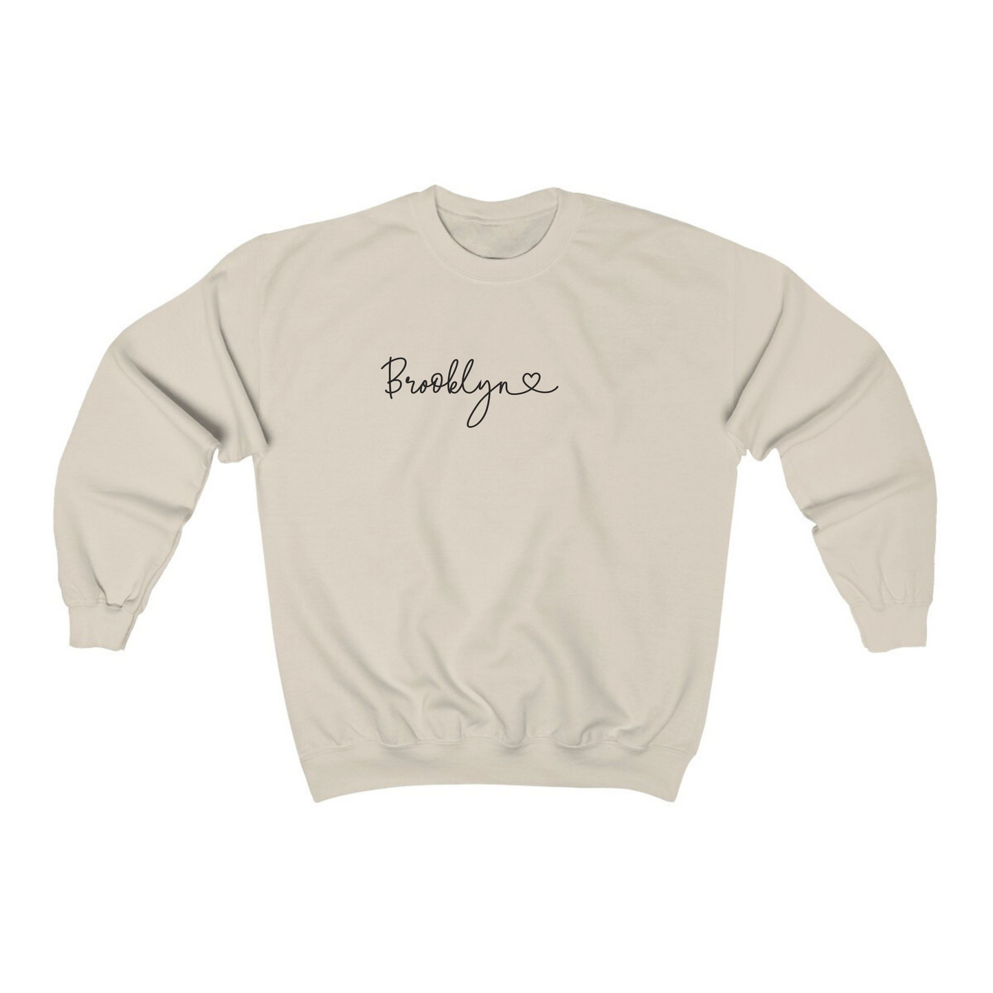 The Sand Adult Unisex Brooklyn NY Dainty Crewneck Sweatshirt lays flat on a white background. The ﻿Brooklyn NY Dainty﻿ graphic is in bold Black in a Script style.