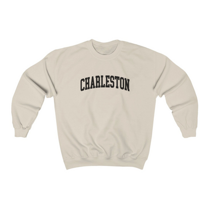 The Sand Adult Unisex Charleston SC Collegiate Crewneck Sweatshirt lays flat on a white background. The ﻿Charleston SC Collegiate﻿ graphic is in bold Black in a Varsity style.