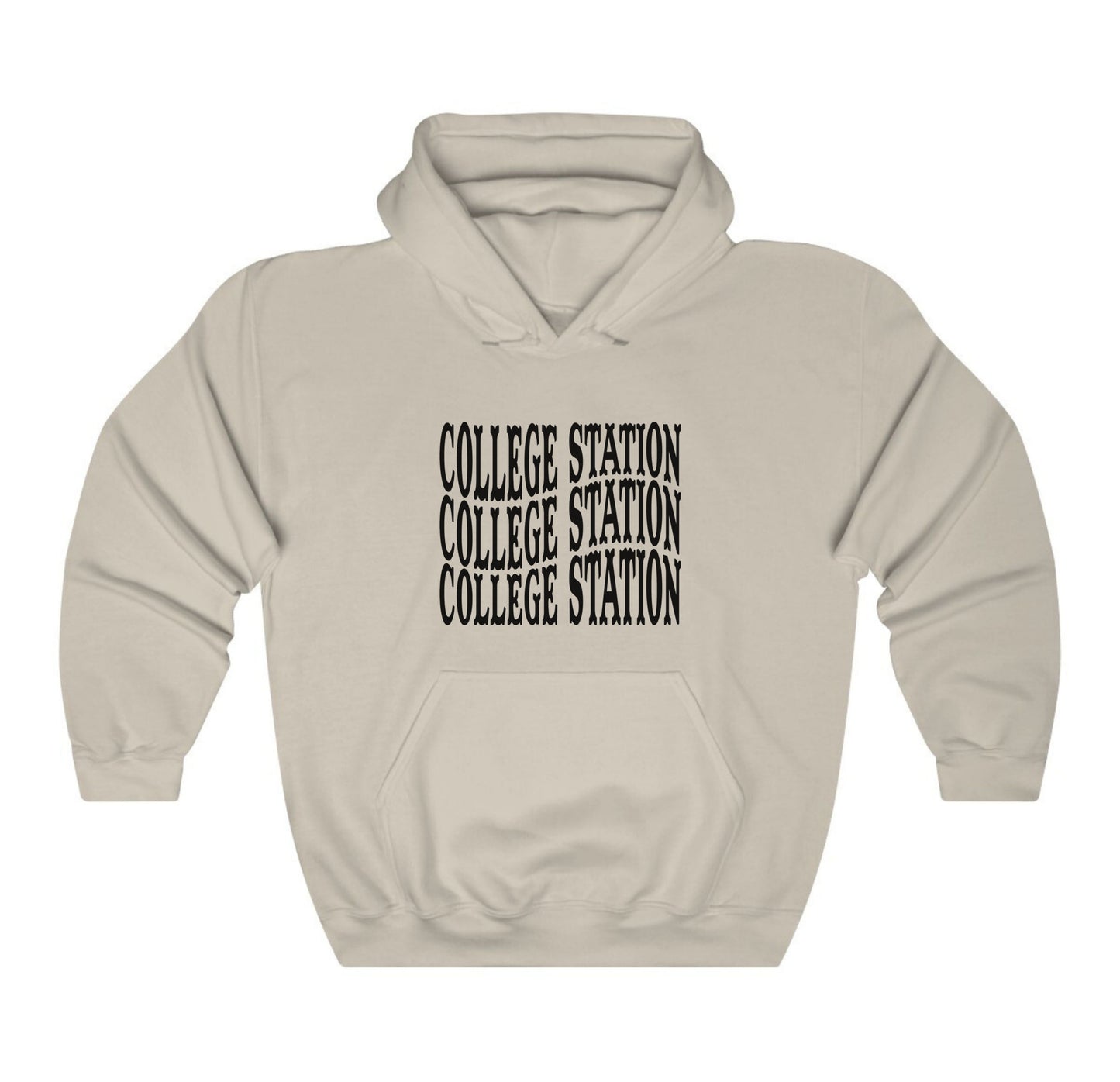 The Sand Adult Unisex College Station Western Hooded Sweatshirt lays flat on a white background. The ﻿College Station Western﻿ graphic is in bold Black in a Western style.