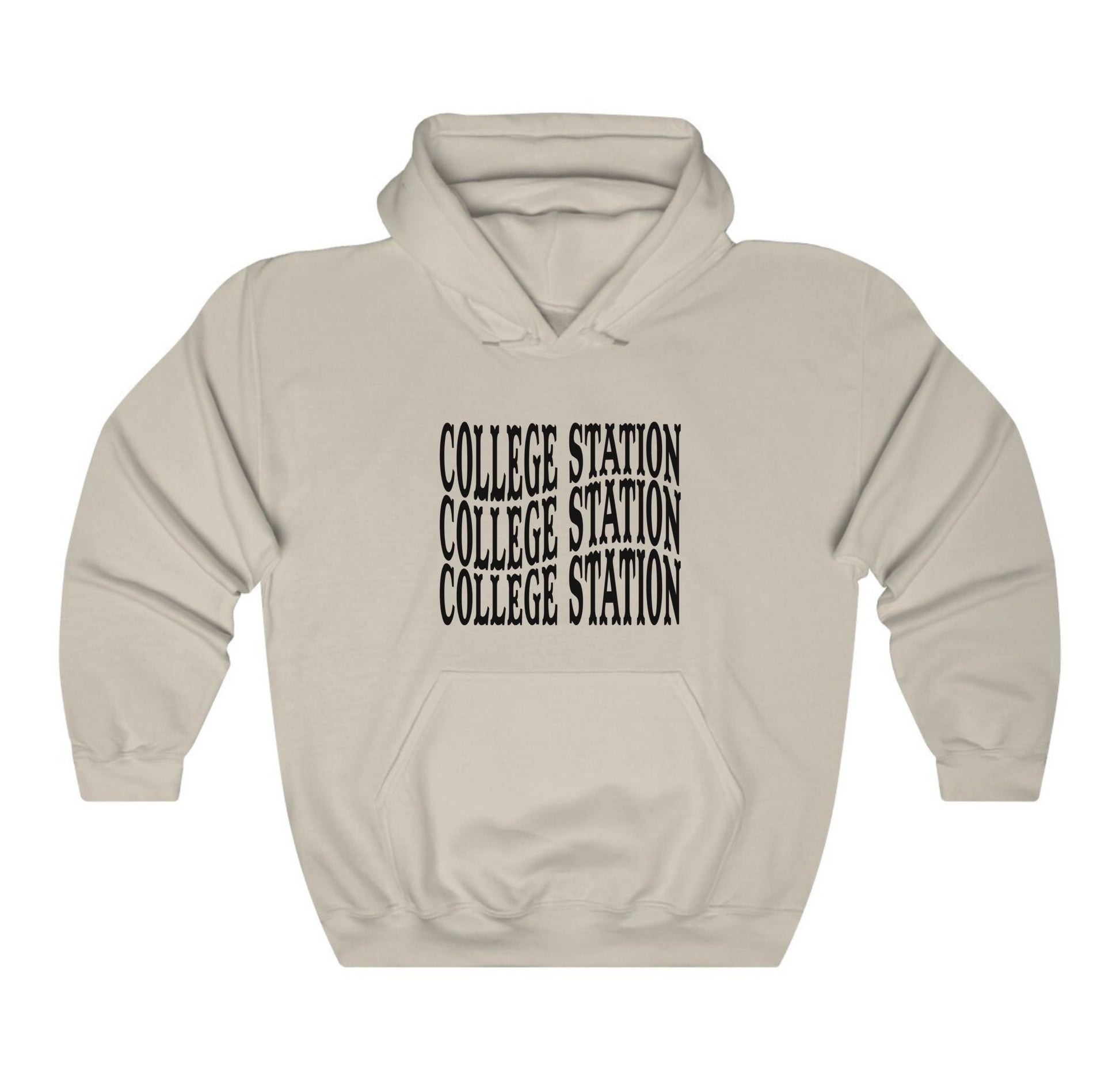 The Sand Adult Unisex College Station Western Hooded Sweatshirt lays flat on a white background. The ﻿College Station Western﻿ graphic is in bold Black in a Western style.