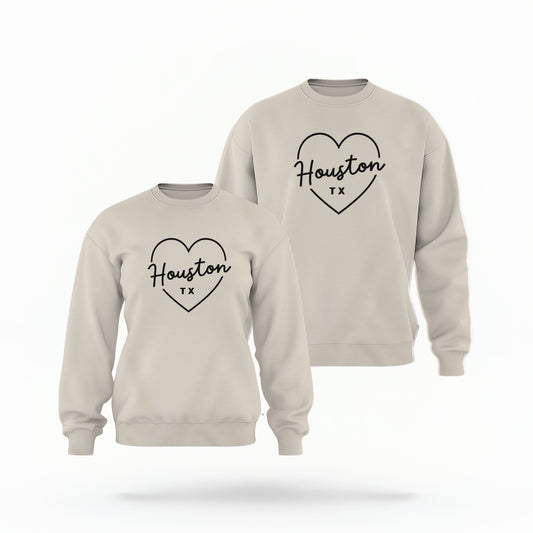 The Sand Houston TX Love Crewneck Sweatshirt lays flat on a white background. The ﻿Houston TX Love﻿ graphic is in bold Black in a Script style.