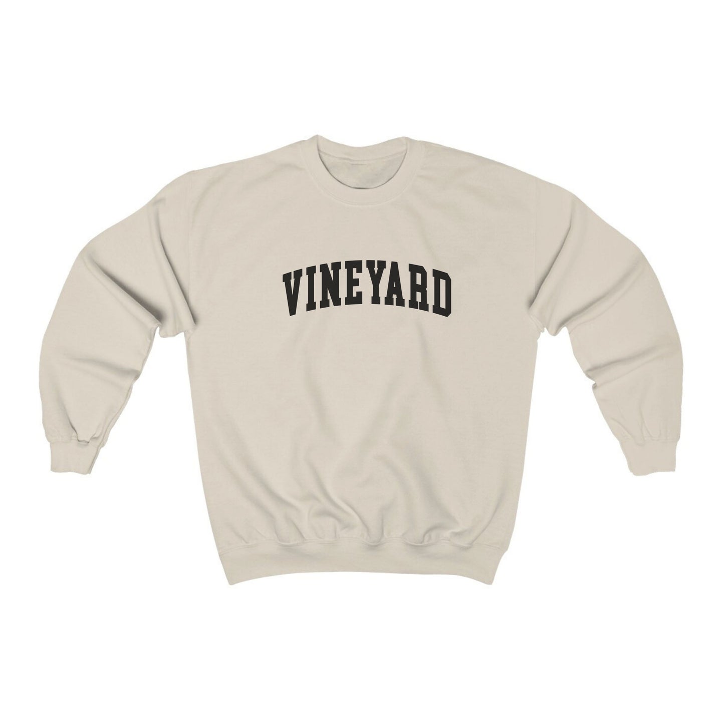 The Sand Adult Unisex Martha's Vineyard Massachusetts Classic Crewneck Sweatshirt lays flat on a white background. The ﻿Martha's Vineyard Massachusetts Classic﻿ graphic is in bold Black in a Varsity style.