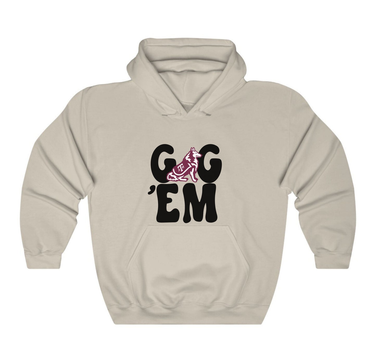 The Sand Adult Unisex Texas A&M Gig 'Em Retro Reveille Hooded Sweatshirt lays flat on a white background. The ﻿Texas A&M Gig 'Em Retro Reveille﻿ graphic is in bold Black in a Groovy Vintage style.