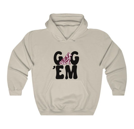 The Sand Adult Unisex Texas A&M Gig 'Em Retro Reveille Hooded Sweatshirt lays flat on a white background. The ﻿Texas A&M Gig 'Em Retro Reveille﻿ graphic is in bold Black in a Groovy Vintage style.