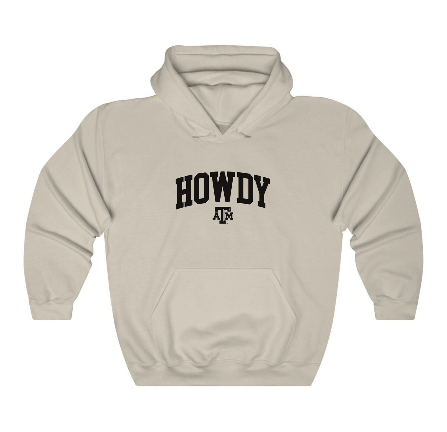 The Sand Adult Unisex Texas A&M Howdy Varsity Hooded Sweatshirt lays flat on a white background. The ﻿Texas A&M Howdy Varsity﻿ graphic is in bold Black in a Collegiate style.