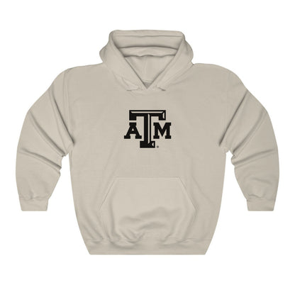 The Sand Adult Unisex Texas A&M Logo Hooded Sweatshirt lays flat on a white background. The ﻿Texas A&M Logo﻿ graphic is in bold Black in a Varsity style.