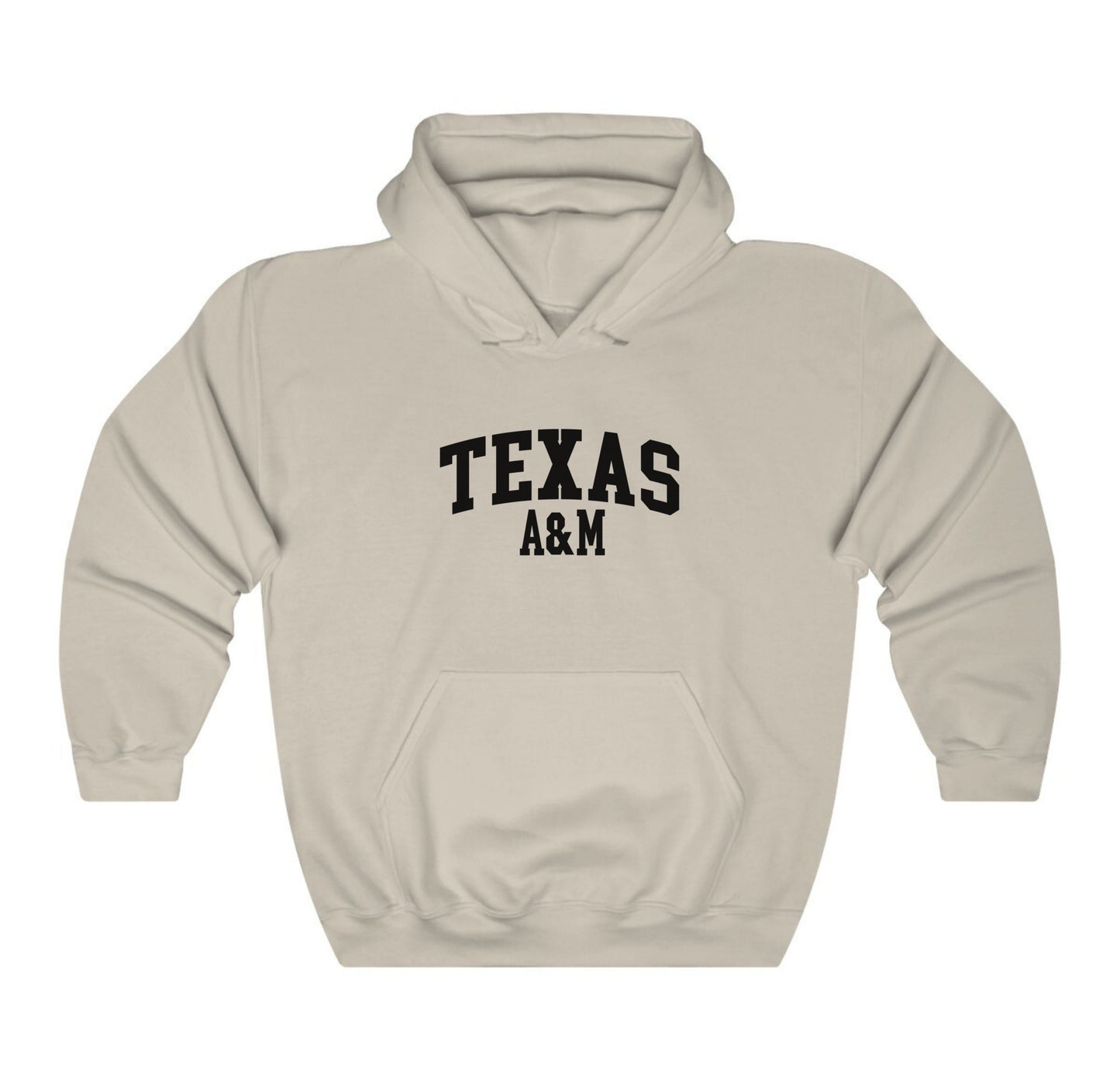 The Sand Adult Unisex Texas A&M Varsity Hooded Sweatshirt lays flat on a white background. The ﻿Texas A&M Varsity﻿ graphic is in bold Black in a Collegiate style.