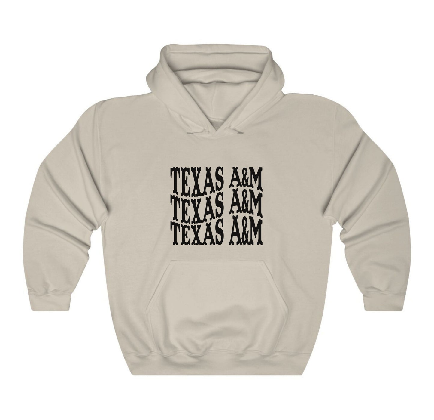 The Sand Adult Unisex Texas A&M Western Hooded Sweatshirt lays flat on a white background. The ﻿Texas A&M Western﻿ graphic is in bold Black in a Western style.