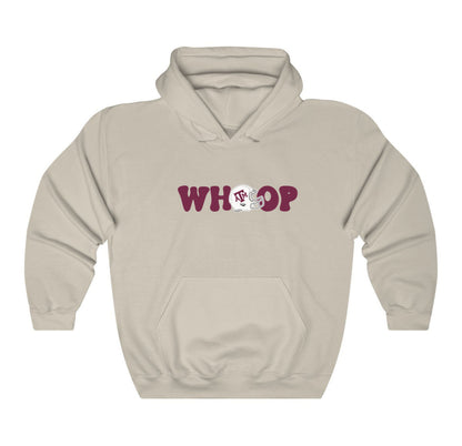 The Sand Adult Unisex Texas A&M Retro Whoop Hooded Sweatshirt lays flat on a white background. The ﻿Texas A&M Retro Whoop﻿ graphic is in bold Black in a Vintage style.