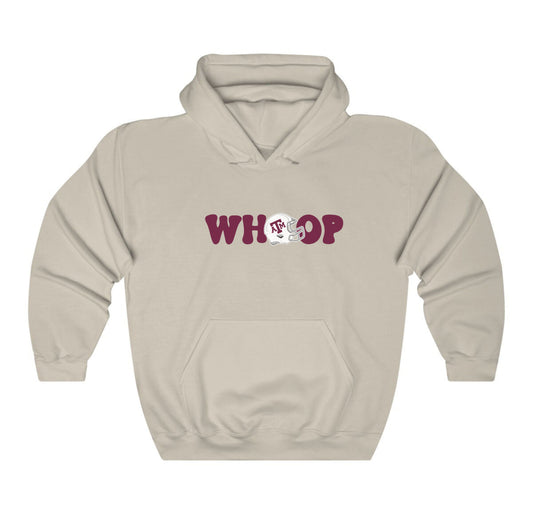 The Sand Adult Unisex Texas A&M Retro Whoop Hooded Sweatshirt lays flat on a white background. The ﻿Texas A&M Retro Whoop﻿ graphic is in bold Black in a Vintage style.