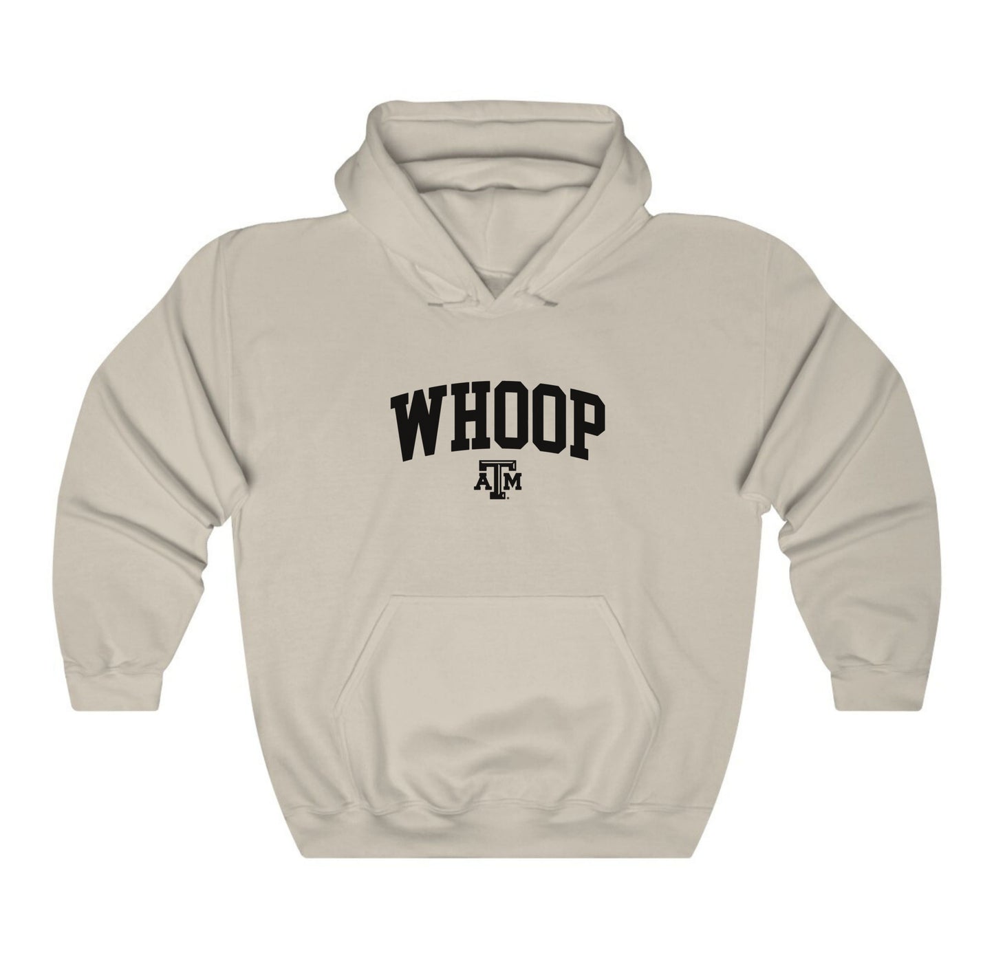 The Sand Adult Unisex Texas A&M Whoop Collegiate Hooded Sweatshirt lays flat on a white background. The ﻿Texas A&M Whoop Collegiate﻿ graphic is in bold Black in a Varsity style.