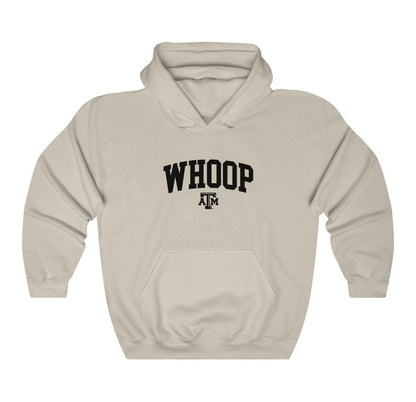 The Sand Adult Unisex Texas A&M Whoop Collegiate Hooded Sweatshirt lays flat on a white background. The ﻿Texas A&M Whoop Collegiate﻿ graphic is in bold Black in a Varsity style.