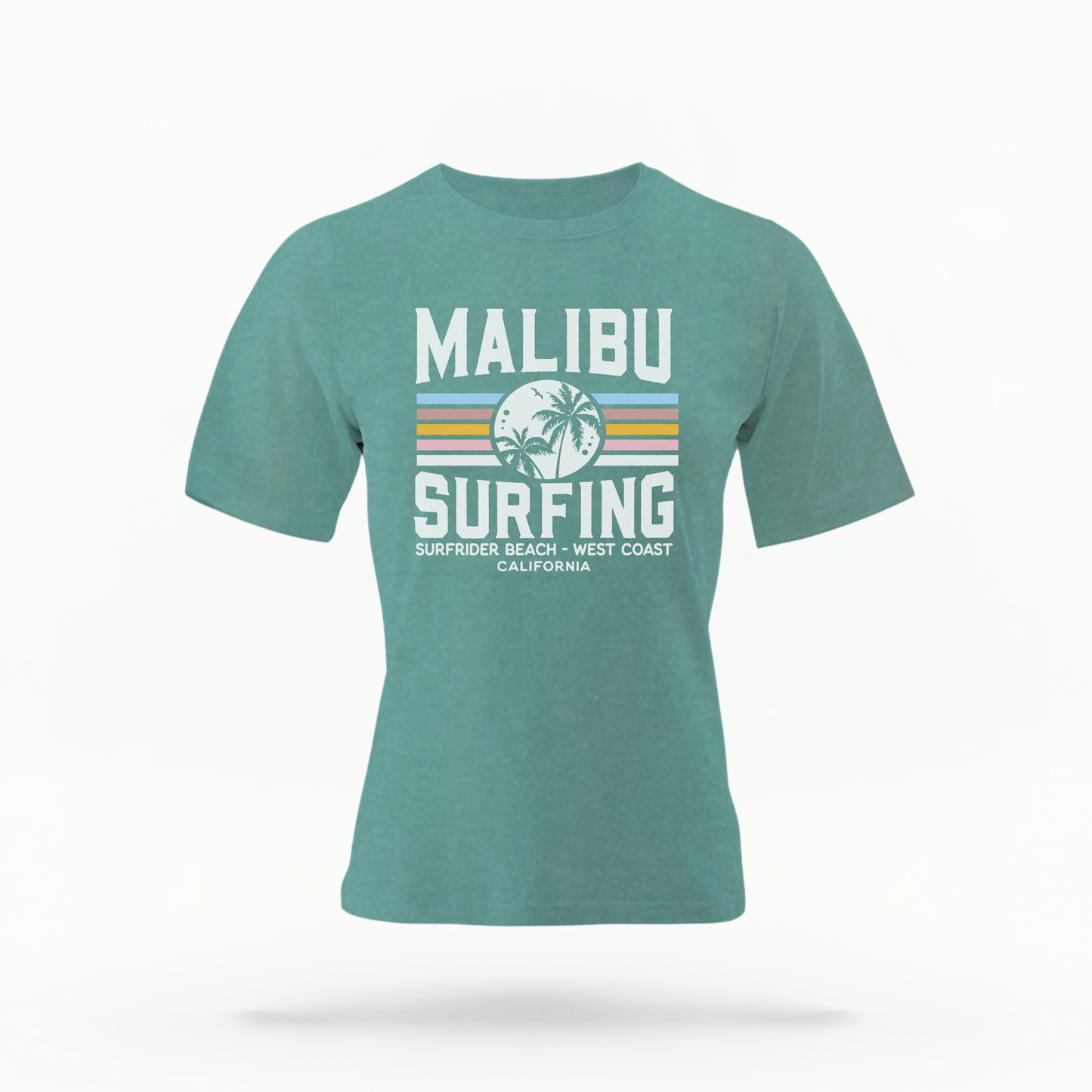 The Seafoam Adult Unisex Malibu California Surfing Comfort Colors T-shirt lays flat on a white background. The ﻿Malibu California Surfing﻿ graphic is in bold Lifestyle in a Multicolor style.