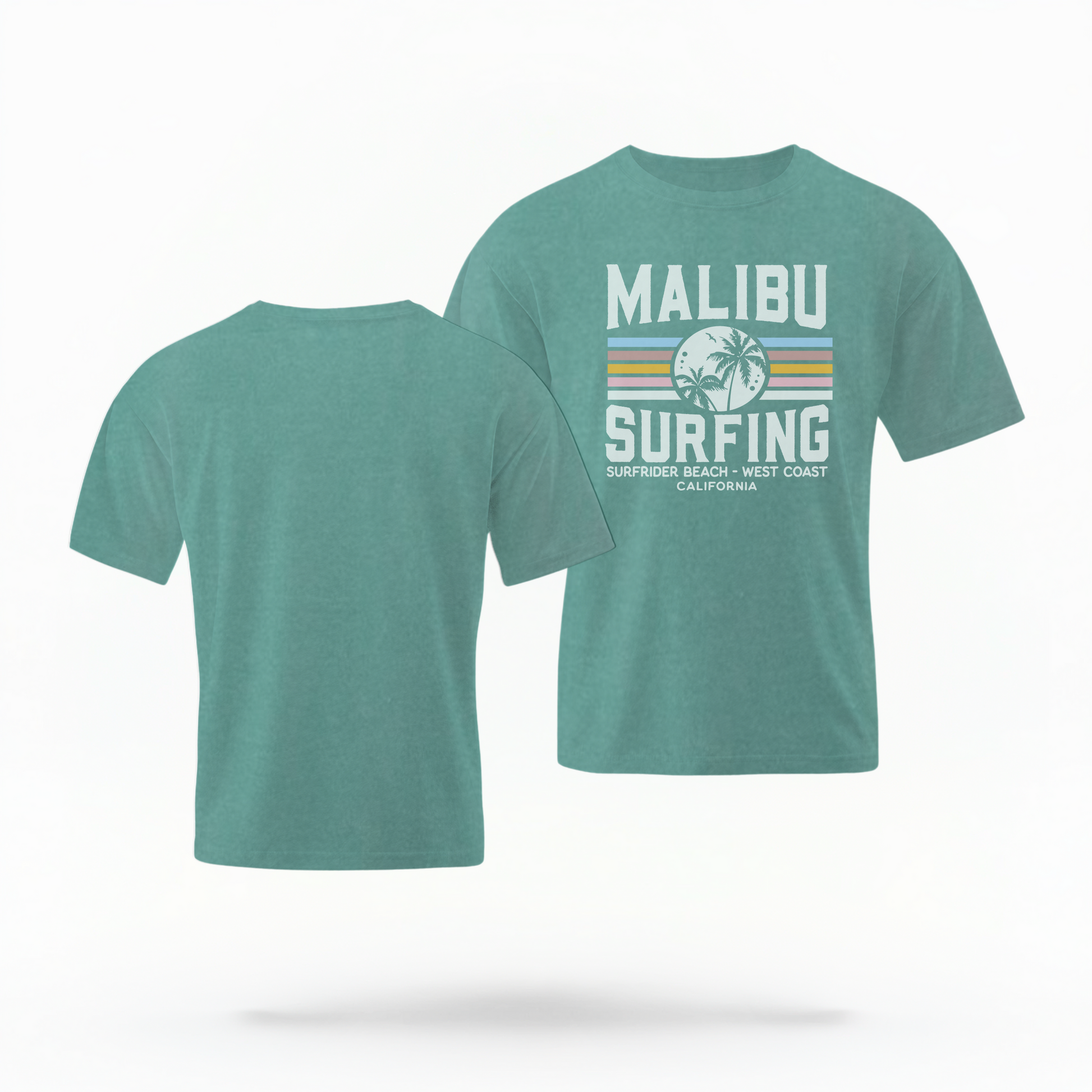 The Seafoam Adult Unisex Malibu California Surfing Comfort Colors T-shirt lays flat on a white background. The ﻿Malibu California Surfing﻿ graphic is in bold Lifestyle in a Multicolor style.