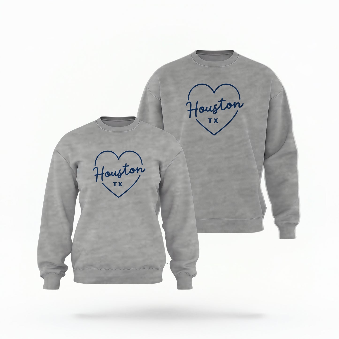 The Sport Grey Houston TX Love Crewneck Sweatshirt lays flat on a white background. The ﻿Houston TX Love﻿ graphic is in bold Navy in a Script style.