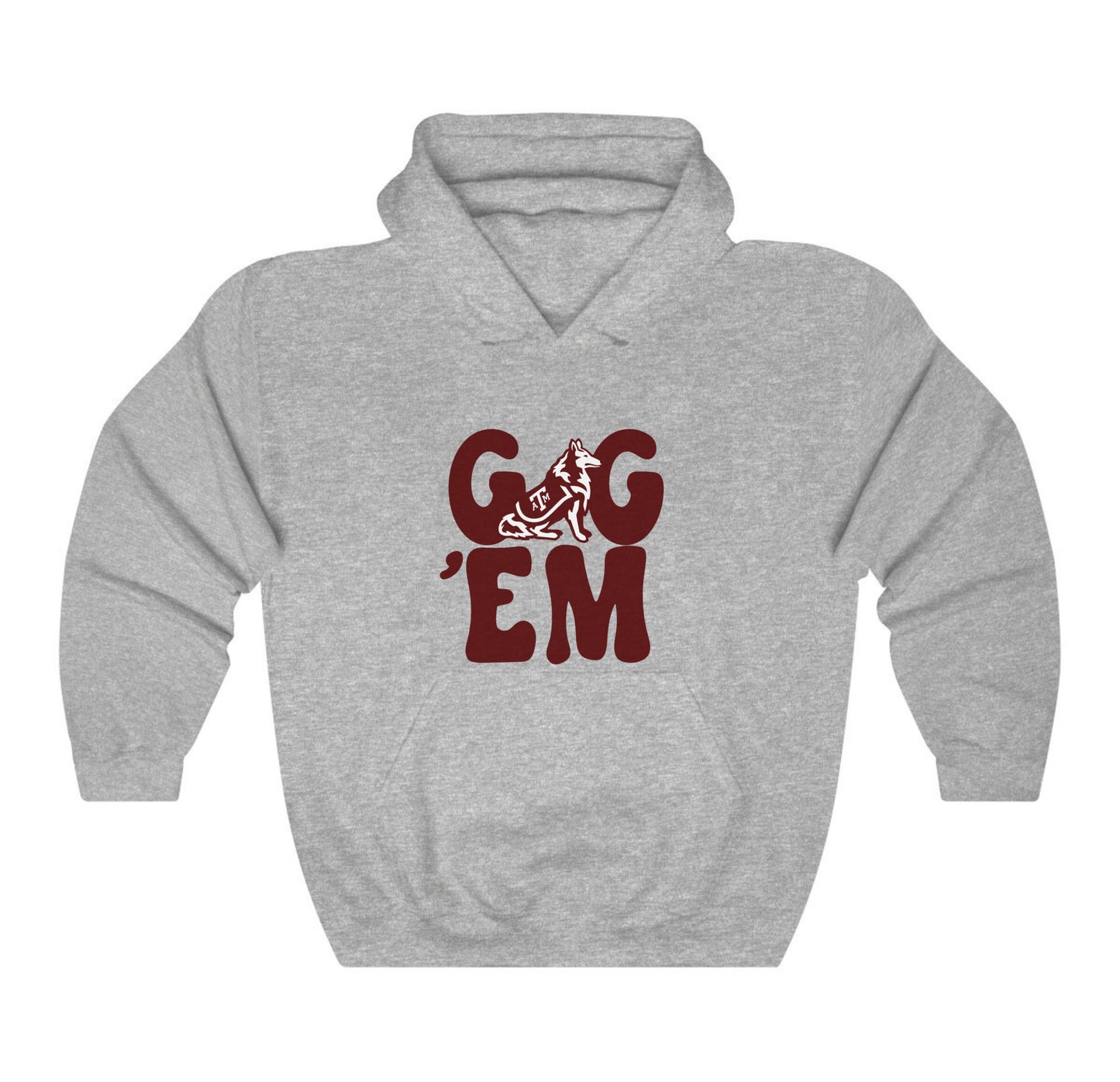 The Sport Grey Adult Unisex Texas A&M Gig 'Em Retro Reveille Hooded Sweatshirt lays flat on a white background. The ﻿Texas A&M Gig 'Em Retro Reveille﻿ graphic is in bold Maroon in a Groovy Vintage style.