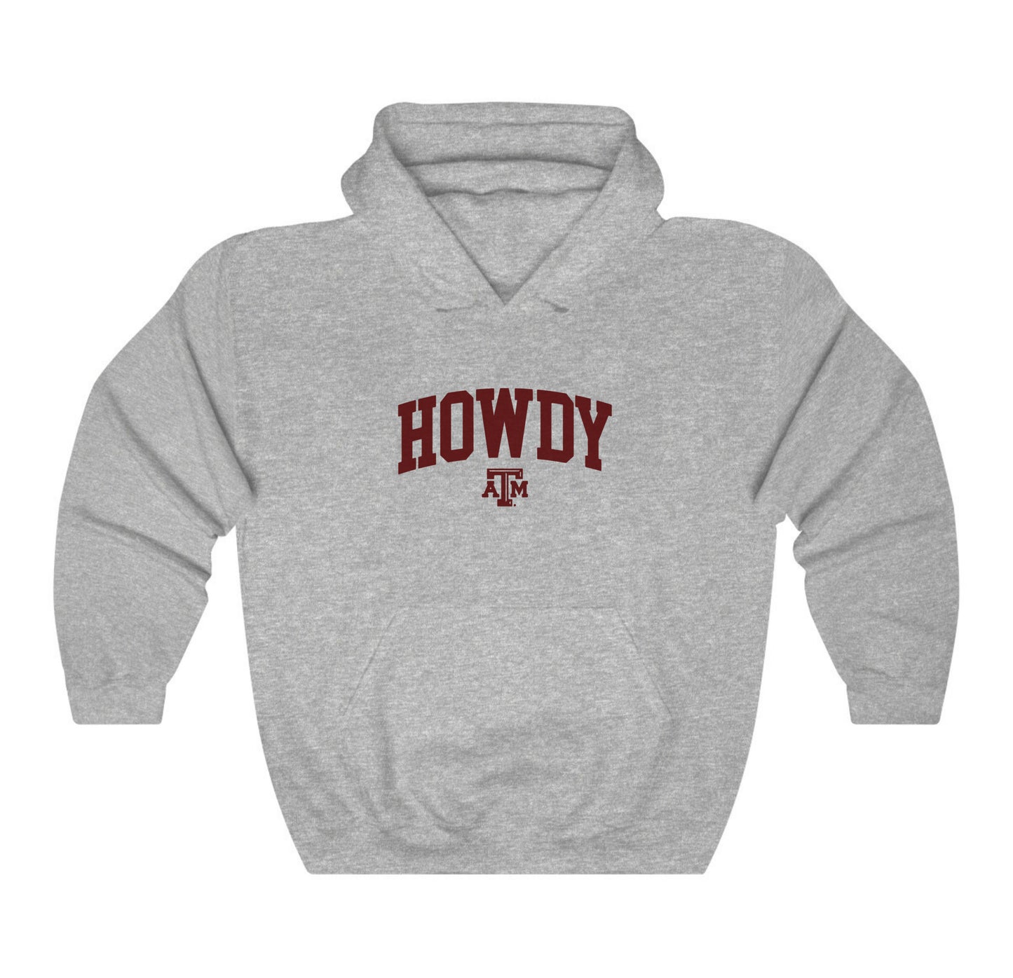 The Sport Grey Adult Unisex Texas A&M Howdy Varsity Hooded Sweatshirt lays flat on a white background. The ﻿Texas A&M Howdy Varsity﻿ graphic is in bold Maroon in a Collegiate style.