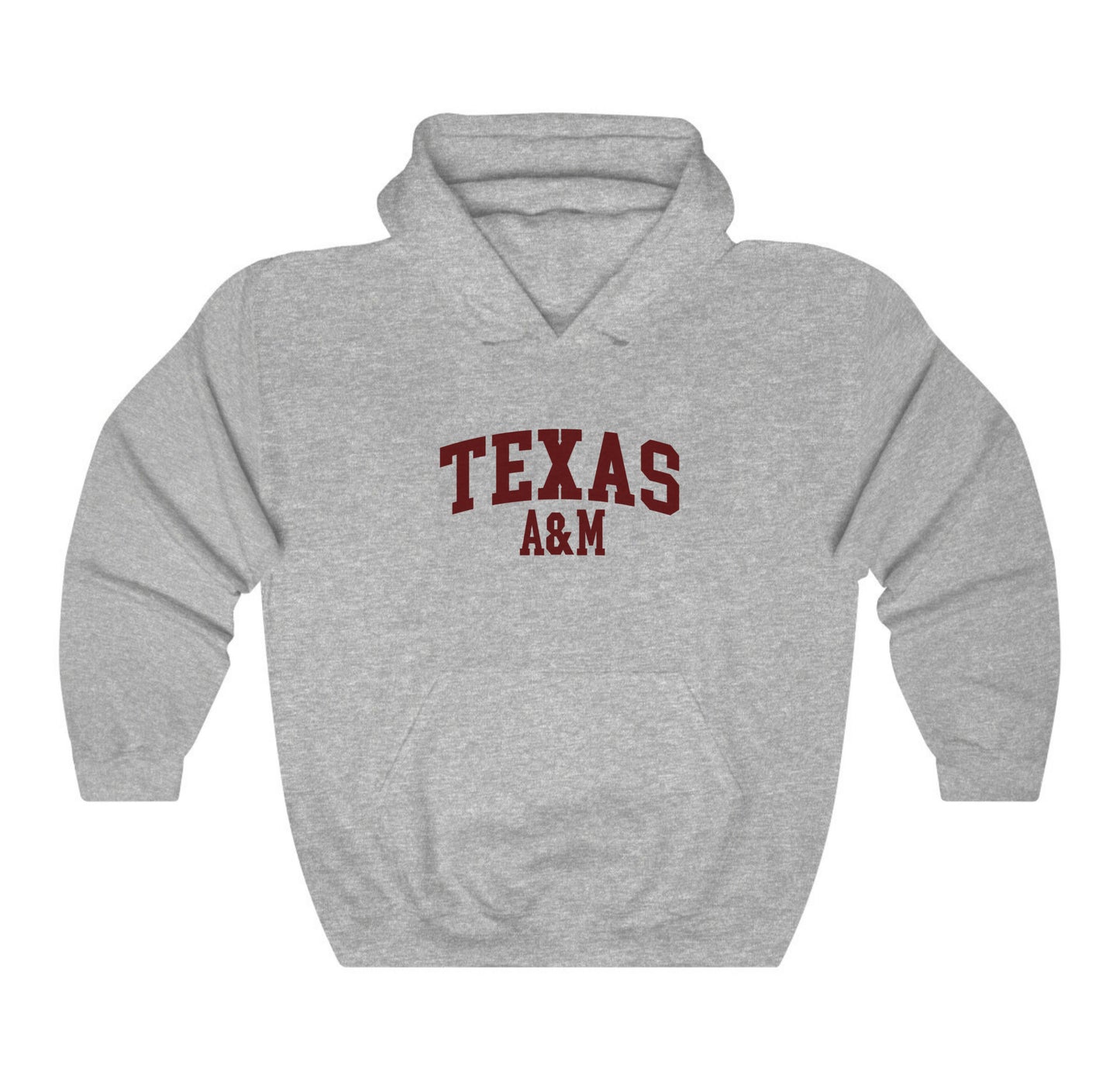 The Sport Grey Adult Unisex Texas A&M Varsity Hooded Sweatshirt lays flat on a white background. The ﻿Texas A&M Varsity﻿ graphic is in bold Maroon in a Collegiate style.