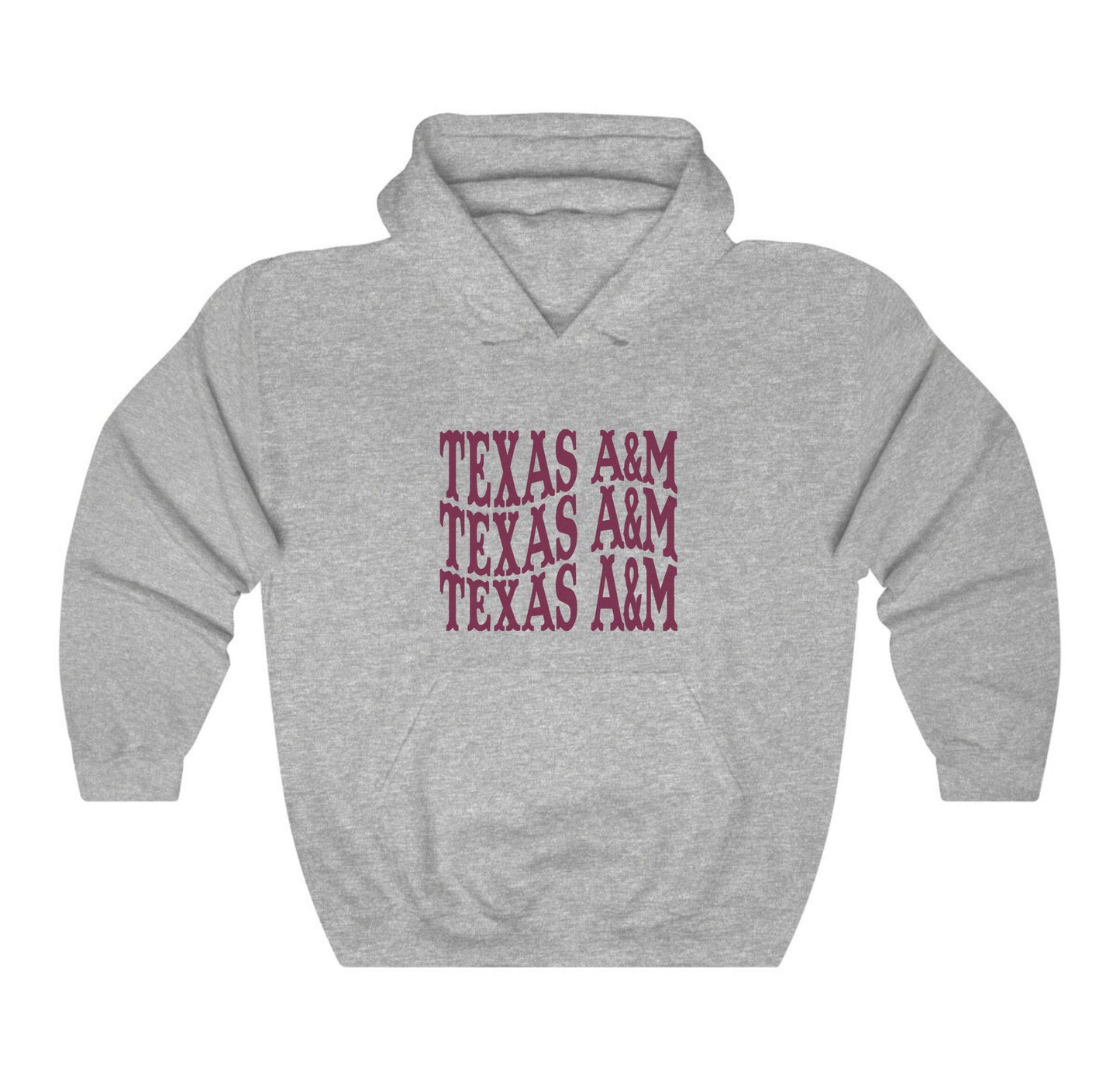 The Sport Grey Adult Unisex Texas A&M Western Hooded Sweatshirt lays flat on a white background. The ﻿Texas A&M Western﻿ graphic is in bold Maroon in a Western style.