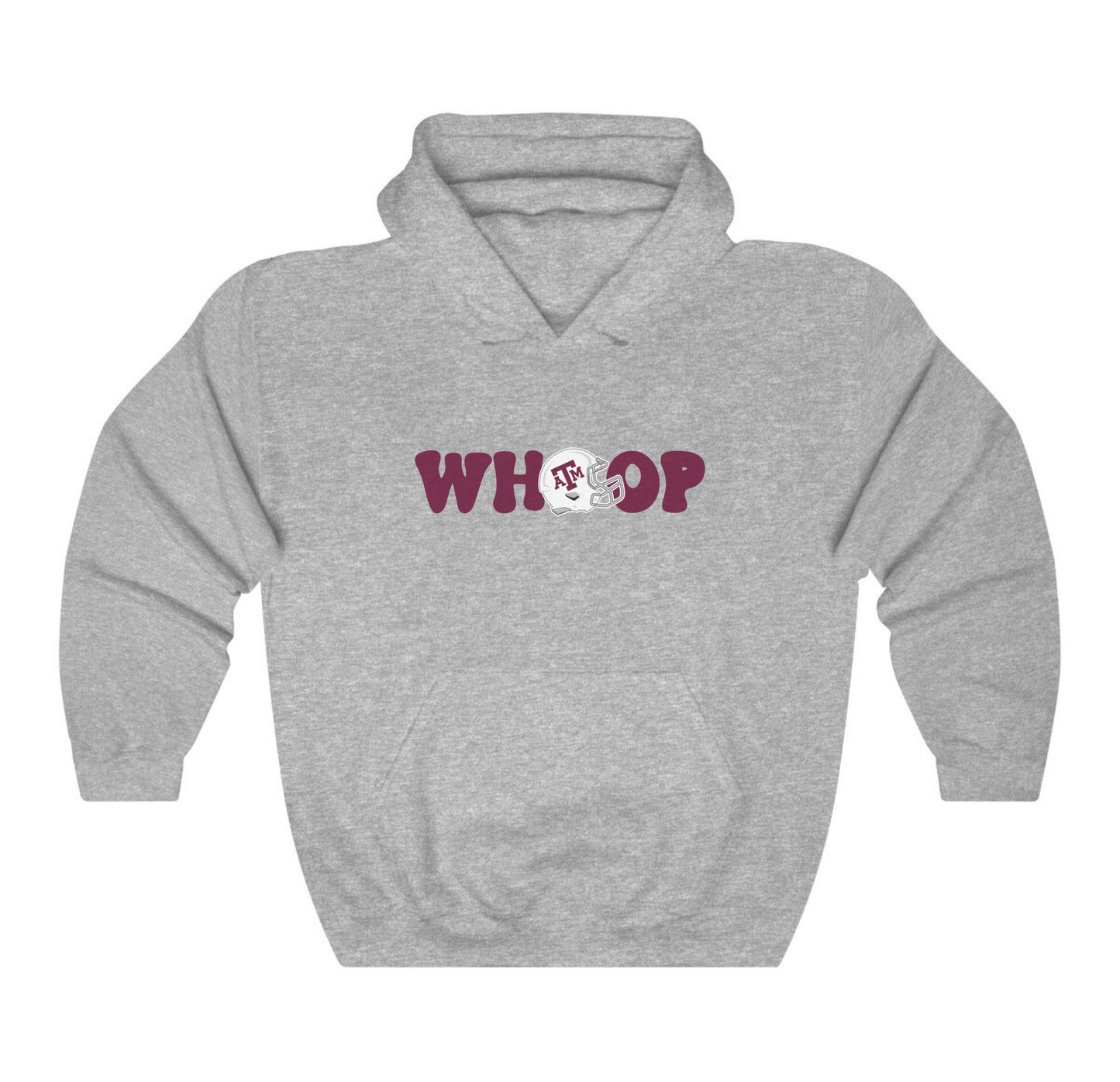 The Sport Grey Adult Unisex Texas A&M Retro Whoop Hooded Sweatshirt lays flat on a white background. The ﻿Texas A&M Retro Whoop﻿ graphic is in bold Maroon in a Vintage style.