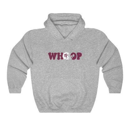 The Sport Grey Adult Unisex Texas A&M Retro Whoop Hooded Sweatshirt lays flat on a white background. The ﻿Texas A&M Retro Whoop﻿ graphic is in bold Maroon in a Vintage style.