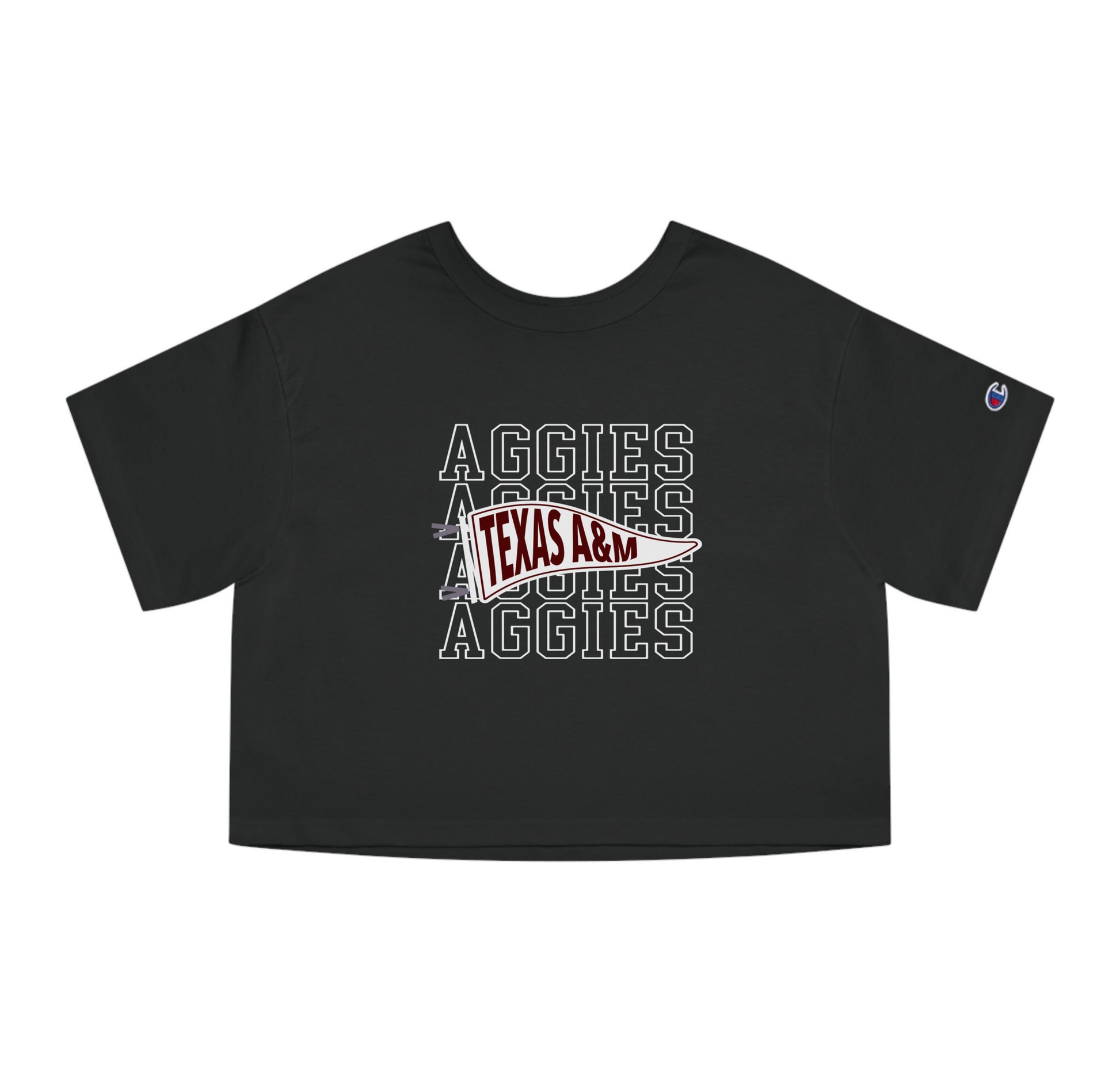 The Black Adult Womens Texas A&M Aggies Pennant Crop Top lays flat on a white background. The ﻿Texas A&M Aggies Pennant﻿ graphic is in bold White in a Varsity style.