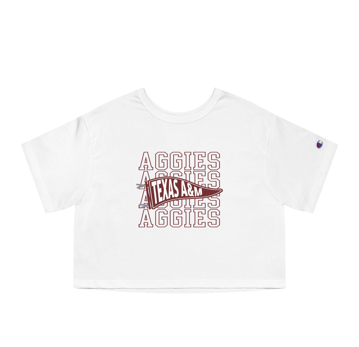 The White Adult Womens Texas A&M Aggies Pennant Crop Top lays flat on a white background. The ﻿Texas A&M Aggies Pennant﻿ graphic is in bold Maroon in a Varsity style.