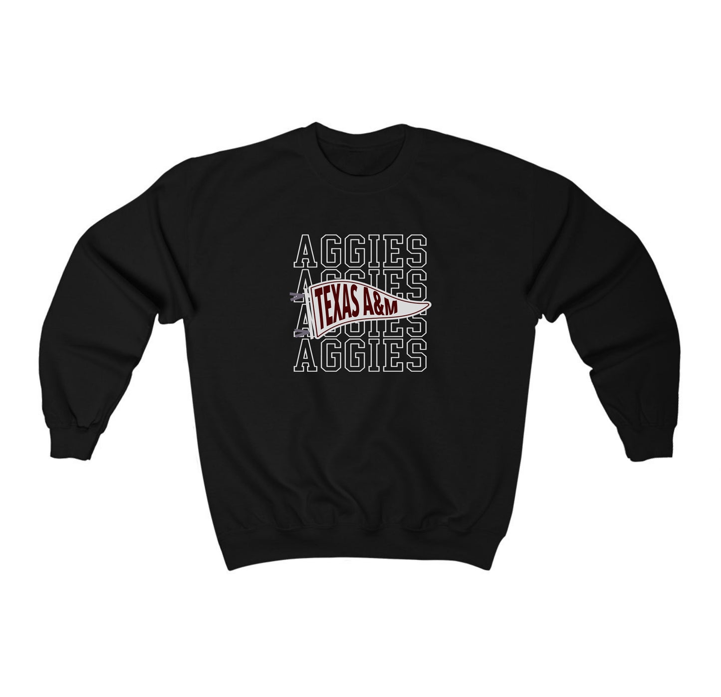 The Black Adult Unisex Texas A&M Aggies Pennant Crewneck Sweatshirt lays flat on a white background. The ﻿Texas A&M Aggies Pennant﻿ graphic is in bold White in a Varsity style.