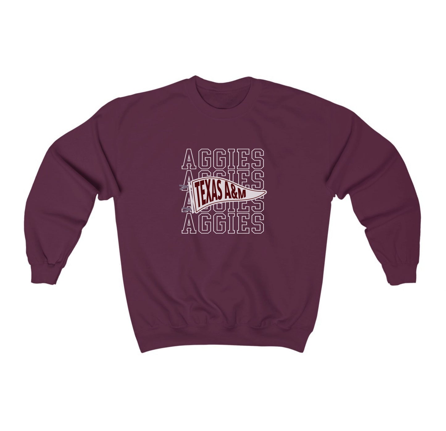 The Maroon Adult Unisex Texas A&M Aggies Pennant Crewneck Sweatshirt lays flat on a white background. The ﻿Texas A&M Aggies Pennant﻿ graphic is in bold White in a Varsity style.