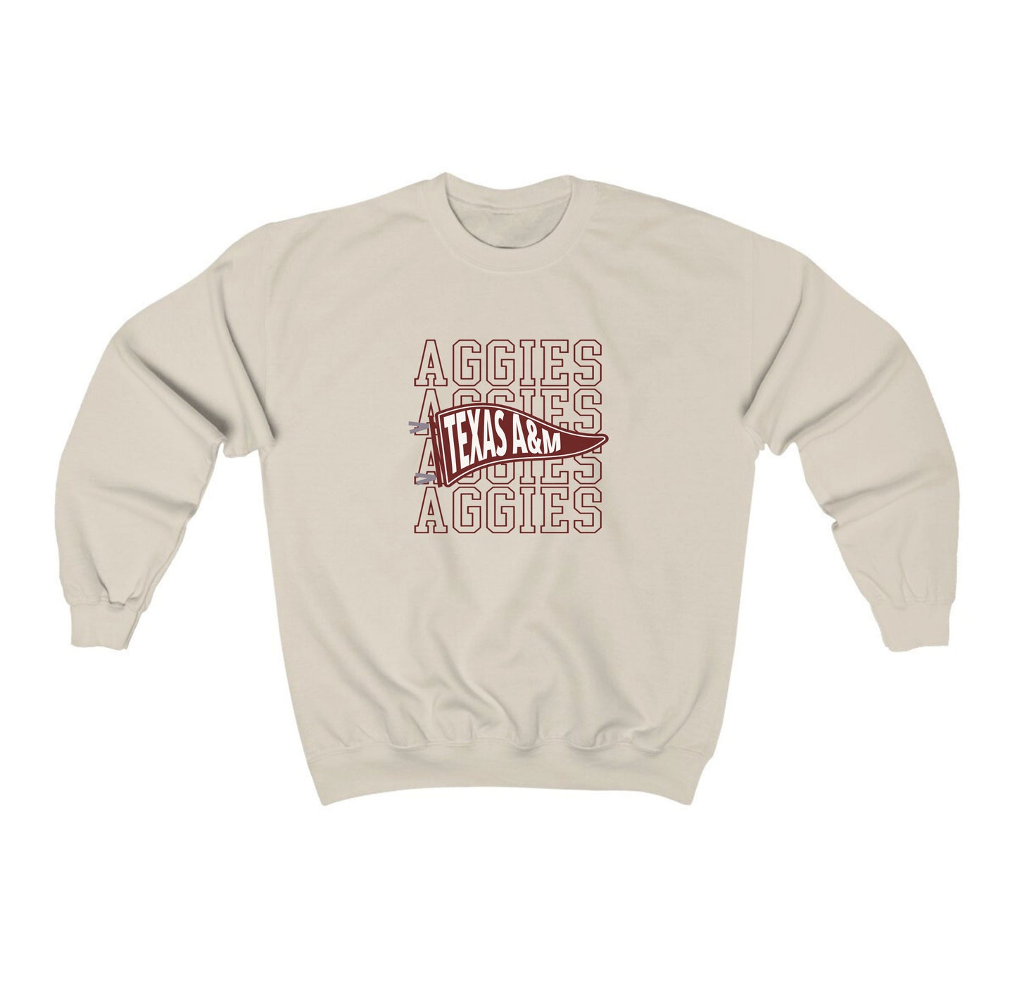 The Sand Adult Unisex Texas A&M Aggies Pennant Crewneck Sweatshirt lays flat on a white background. The ﻿Texas A&M Aggies Pennant﻿ graphic is in bold Black in a Varsity style.