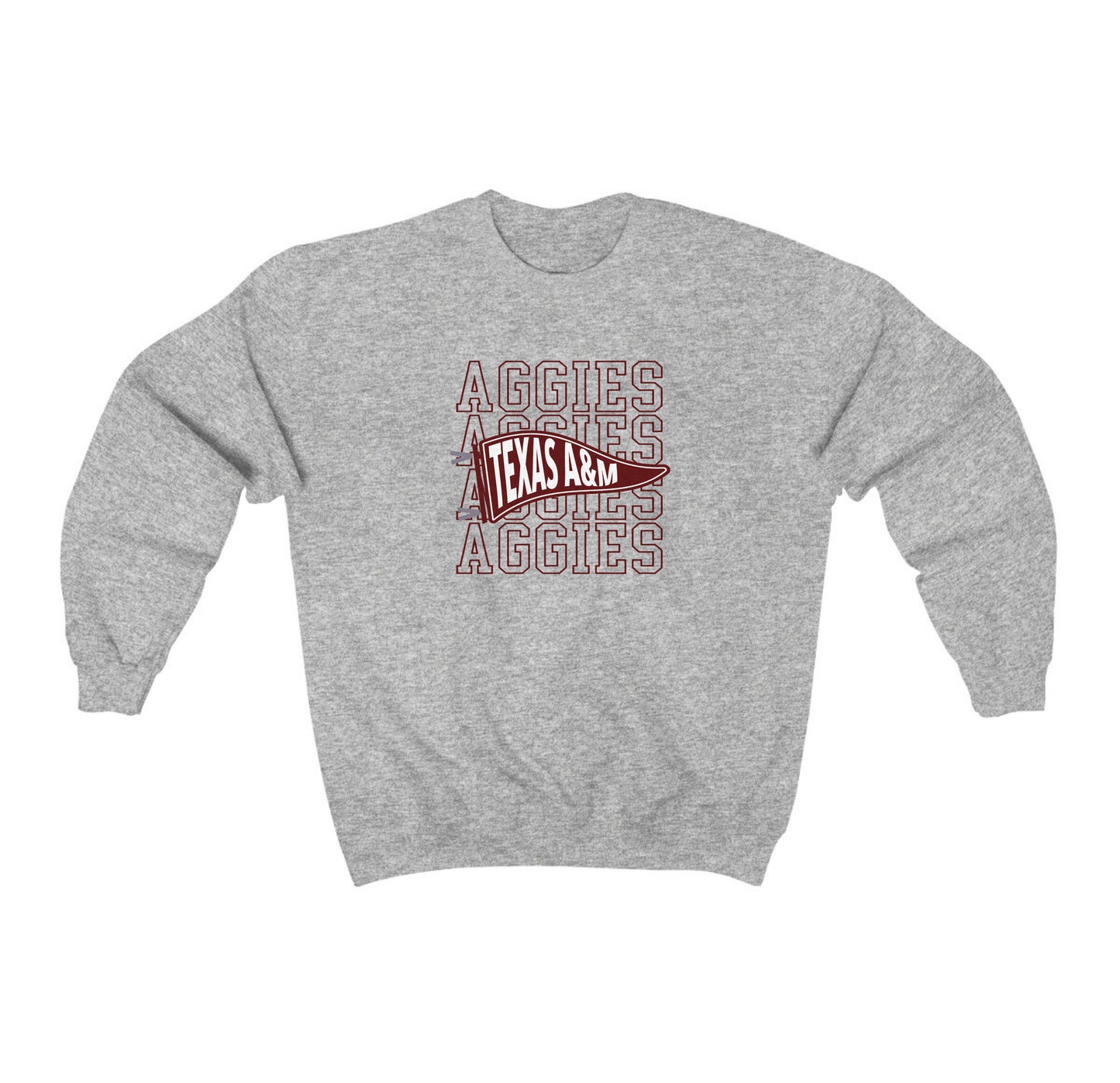 The Sport Grey Adult Unisex Texas A&M Aggies Pennant Crewneck Sweatshirt lays flat on a white background. The ﻿Texas A&M Aggies Pennant﻿ graphic is in bold Maroon in a Varsity style.