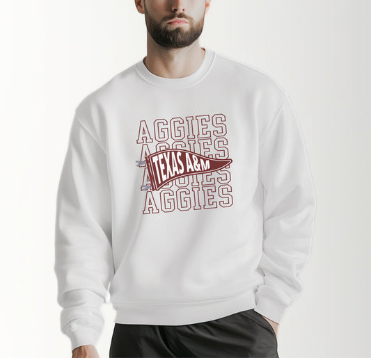 A model wears the White Adult Unisex Texas A&M Aggies Pennant Crewneck Sweatshirt.  The ﻿Texas A&M Aggies Pennant﻿ graphic is in bold Maroon in a Varsity style.