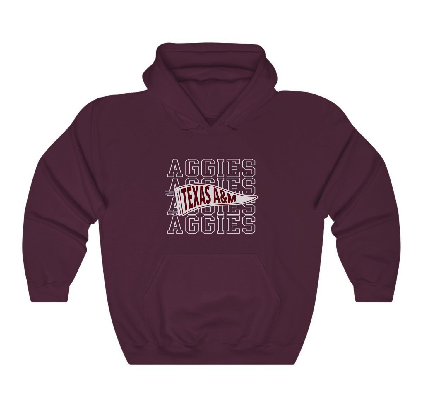 The Maroon Adult Unisex Texas A&M Aggies Pennant Hooded Sweatshirt lays flat on a white background. The ﻿Texas A&M Aggies Pennant﻿ graphic is in bold White in a Varsity style.