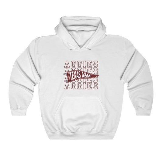 The White Adult Unisex Texas A&M Aggies Pennant Hooded Sweatshirt lays flat on a white background. The ﻿Texas A&M Aggies Pennant﻿ graphic is in bold Maroon in a Varsity style.